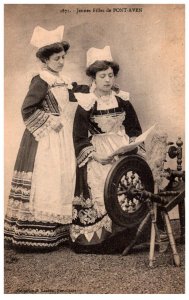 French Girls in Native Costumes, Spinning Wheel