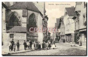 Troyes Old Postcard Church and Place Saint Nizier (children)