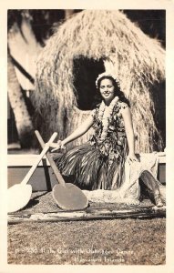 RPPC HULA GIRL WITH OUTRIGGER CANOE HAWAII REAL PHOTO POSTCARD (c. 1940s) 