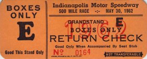 1962 Indianapolis 500 Boxes Only Grand Stand E Return Check Ticket Credendtial