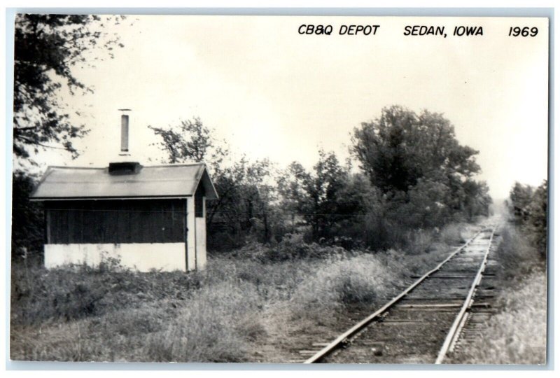 1969 CB&P Depot Sedan Iowa IA Railroad Train Depot Station RPPC Photo Postcard