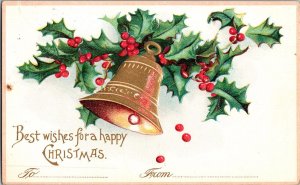 Vintage Postcard Best Wishes Christmas Bell Holly American Red Cross Seal KJ10