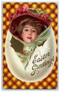 c1910's Easter Greetings Pretty Woman Floral Hat Hatched Egg Embossed Postcard