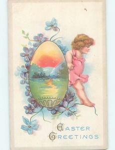 Pre-Linen easter GIRL IN PINK DRESS BESIDE SUNSET SCENE ON EGG HL1122