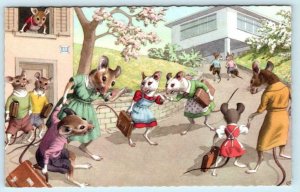 Mainzer DRESSED MICE Anthropomorphic HEADED TO SCHOOL #4904 Belgium Postcard