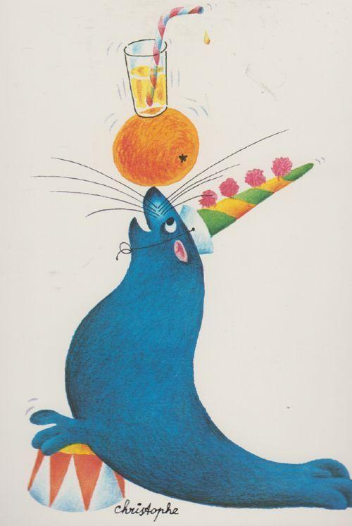 Sea Sealion Seal Getting Drunk Clown Party Hat French Cute Animal Comic Postcard