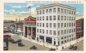 J33/ Huntington West Virginia Postcard c1920s Day Night Bank Elks Theatre 243