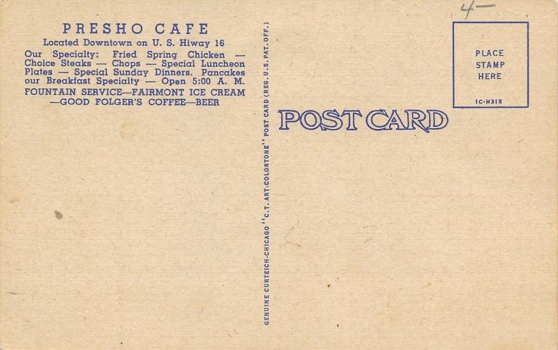 Fresno SD Art Deco Presho Cafe~Fairmont Ice Cream~Folgers Coffee~1951 Roadside 