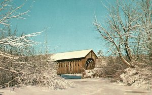 Vintage Postcard Yes Tis Winter in New England Covered Bridge in Snow