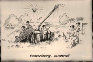 Austrian Military Comic Real Photo Postcard WWII Tank Fish in Gun PANZERUBUNG