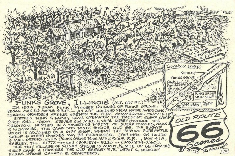 FUNKS GROVE, Illinois IL   SIRUP CAMP~Old Route 66  1993 Waldmire 4x6 Postcard