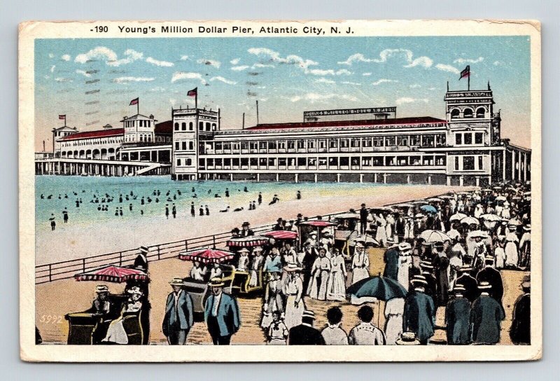 Youngs Million Dollar Pier Atlantic City New Jersey Beach American Flag Postcard 