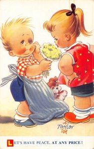 Bamforth Comic Humor 1964 Couple Blue Eye Flowers Dog Peace Any Price postcard