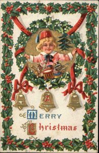 Christmas Little Boy With Toy Train Horse Vintage Toys c1910 Embossed Postcard