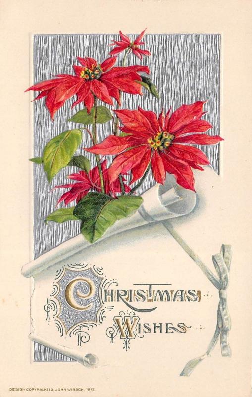 Christmas Wishes 1912 JOHN WINSCH Embossed Postcard Silver Scroll Poinsettias