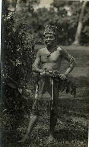 malay malaysia, BORNEO SARAWAK, Armed Native DAYAK Warrior (1910s) RPPC Postcard