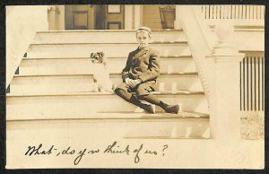 RPPC BOY AND HIS DOG ON PORCH STEPS NEW YORK REAL PHOTO POSTCARD 1906
