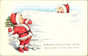 Vintage 1900s Christmas Cute Santa Kids Snow Scene  Postcard