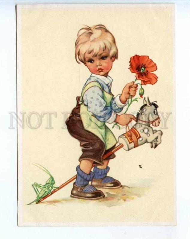 241635 HAUSEN CHILDREN Boy riding toy horse grasshopper poppy