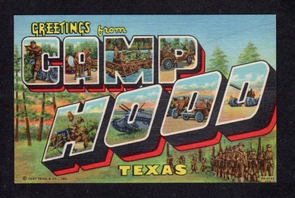 TX Greetings From Camp Hood Army Base Killeen TEXAS Large Letter Postcard Linen