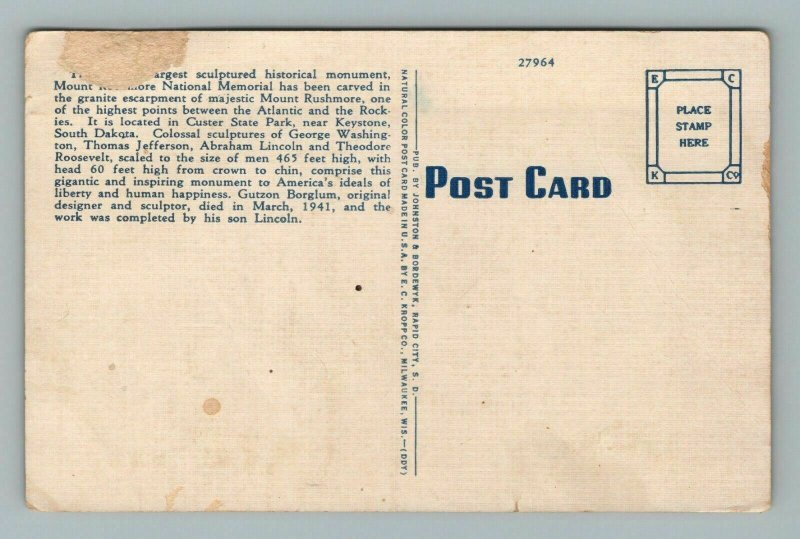 Mount Rushmore Black Hills South Dakota SD Postcard 