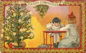 Rotograph Silk Christmas Postcard Children Eat Near Christmas tree