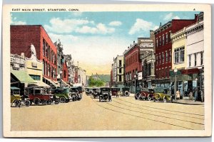 Postcard CT Stamford East Main Street cars coca cola antique auto parts co