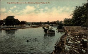 Glens Falls New York NY Log Sorting Boom Hudson River Vintage Postcard