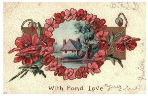 With Fond Love Vintage Friendly Postcard with Floral Wreath Early 1900s