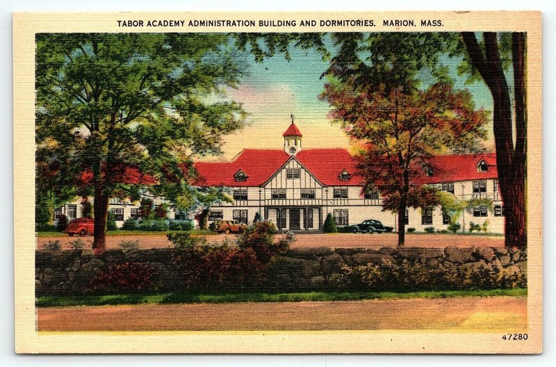 c1940 MARION MASSACHUSETTS TABOR ACADEMY BUILDING AND DORM LINEN POSTCARD P628