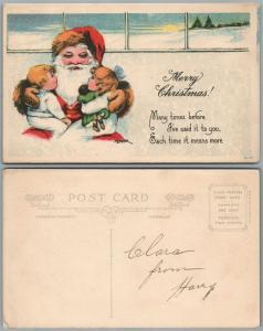 MERRY CHRISTMAS SANTA w/ BOY & GIRL w/ DOLL ANTIQUE POSTCARD