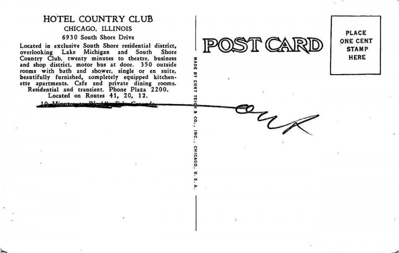 COUNTRY CLUB HOTEL South Shore Drive CHICAGO, IL c1920s RARE Vintage Postcard