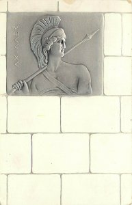 Tuck Connoiseur Postcard 2810 Greek Art, Soldier w/ Helmet Javelin Silver Inset