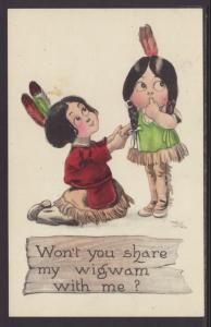 Won't You Share...,Indian Boy,Girl,Wall,Comic Postcard