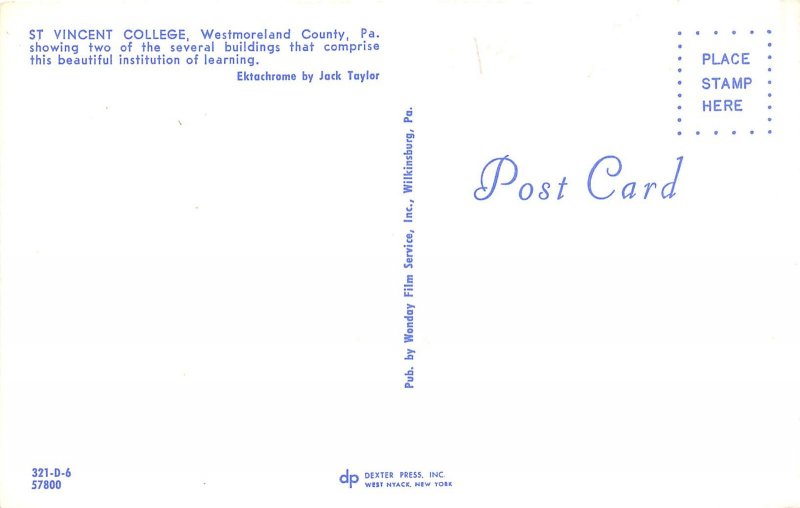 Westmoreland Pennsylvania 1960s Postcard St. Vincent College