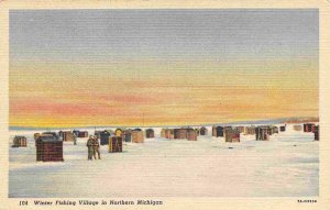 Winter Ice Fishing Village North Michigan linen postcard 