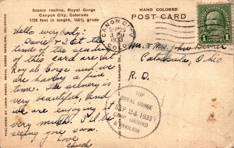Scenic Incline, Royal Gorge Canyon City Colorado c1933 Vintage Postcard F23