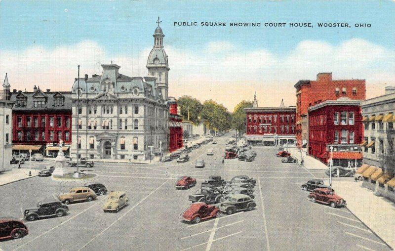 1957 postcard of Wooster, Ohio - public square and courthouse (Wayne County)