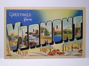 Greetings From Vermont Large Big Letter Linen Postcard Unused Cottage Trees