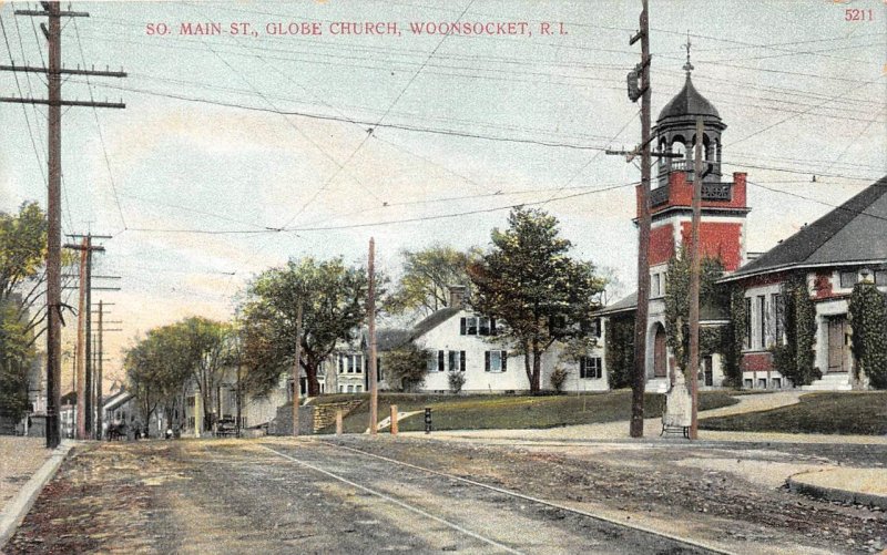 Woonsocket, RI Rhode Island  S MAIN STREET SCENE~Globe Church  ca1910's Postcard