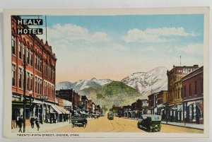 Ogden Utah Twenty Fifth St Healy Hotel Autos Trolley Mountains Postcard S15