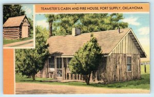 FORT SUPPLY, Oklahoma OK ~ TEAMSTER'S CABIN & FIRE HOUSE c1940s Linen Postcard