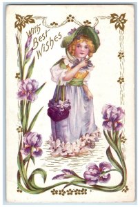 1910 Best Wishes Pretty Girl Floral Dress Pouch Embossed Cincinnati OH Postcard 
