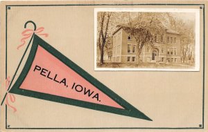 G39/ Pella Iowa RPPC Pennant Postcard c1910 Jordan Hall C.U.I. School