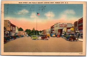 Postcard NC Forest City Main Street and Public Square Looking West