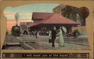 Romance at RR Train Depot Station c1910 Postcard