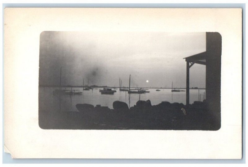 c1910's Sunrise Boats Shoreline View New London CT RPPC Photo Unposted Postcard