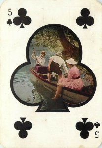 c1907 Postcard; 5 of Clubs Playing Card, Man in Boat w/ two Women, Unposted