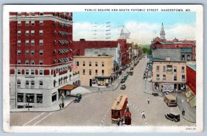 1935 HAGERSTOWN MD PUBLIC SQUARE S POTOMAC (ERROR) ST TROLLEY VINTAGE POSTCARD