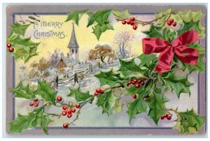 1907 Christmas Holly Berries Church Winter Tuck's Calumet Michigan MI Postcard